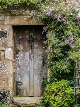 Entrance to a historic manor, framed by antique architectural elements and flanked by potted topiaries, features an aged door, the surrounding ivy and stonework add to the timeless elegance of the property