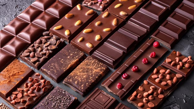 Various types of chocolate bars with different flavors neatly arranged on a table, showcasing a variety of options.