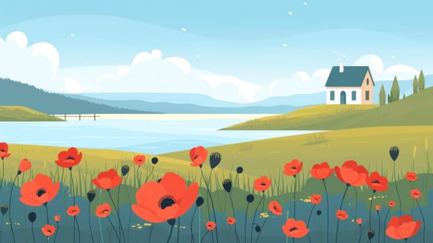 Peaceful field of red poppies and distant house in the countryside landscape beauty nature travel view art scenic trip