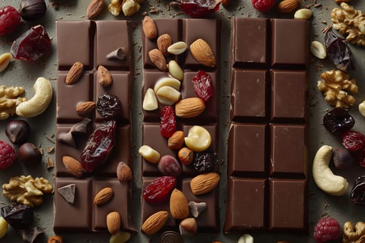 A detailed close-up of a chocolate bar filled with nuts and cranberries, showcasing rich textures and natural ingredients.