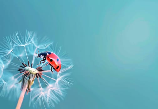 Ladybug on dandelion in beautiful blue sky nature background with travel theme
