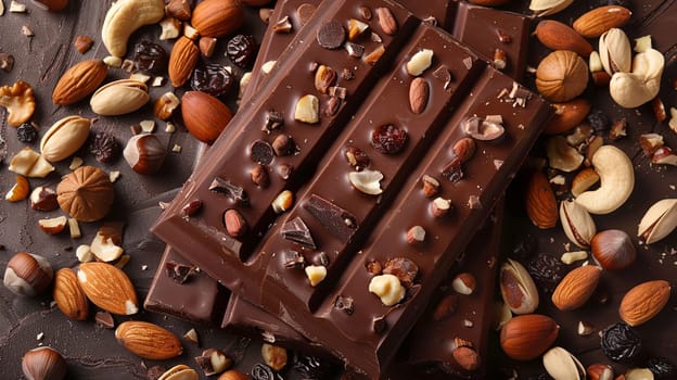 Detailed close-up of a chocolate bar studded with crunchy nuts, showcasing rich textures and natural ingredients.