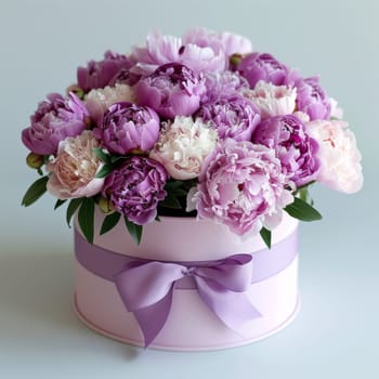 A purple box with a ribbon tied around it contains a bouquet of pink peonies. The flowers are arranged in a way that makes them look like they are in a vase