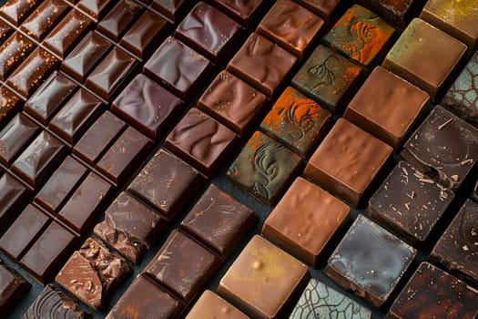 Various types of chocolate bars neatly arranged on a table with rich colors and high detail.