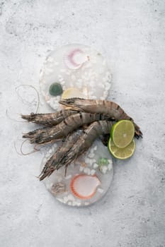 Raw whole fresh uncooked prawns shrimps on decorated ice with lime on gray stone background.