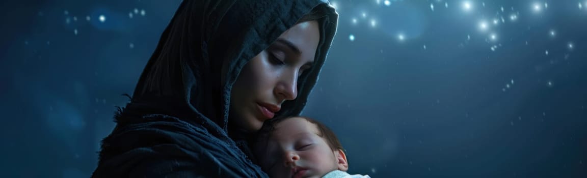 Motherhood and family love young woman holding baby under starry night sky, bonding in peaceful serenity, joyful connection