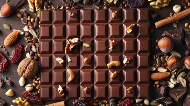 A detailed chocolate bar surrounded by a variety of nuts and dried fruits, creating a natural and appetizing display.