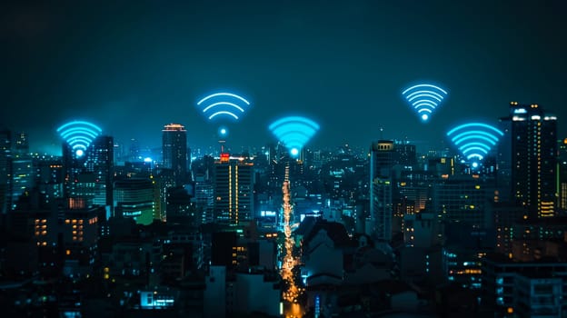 Modern city with wireless network connection and city scape concept. Wireless network and Connection technology concept with city background at night.