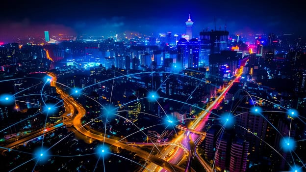 Modern city with wireless network connection and city scape concept. Wireless network and Connection technology concept with city background at night.