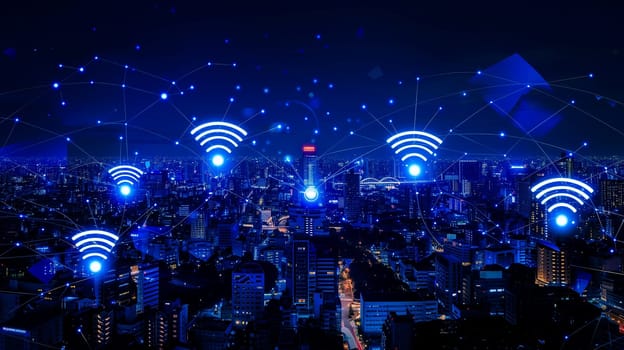 Modern city with wireless network connection and city scape concept. Wireless network and Connection technology concept with city background at night.