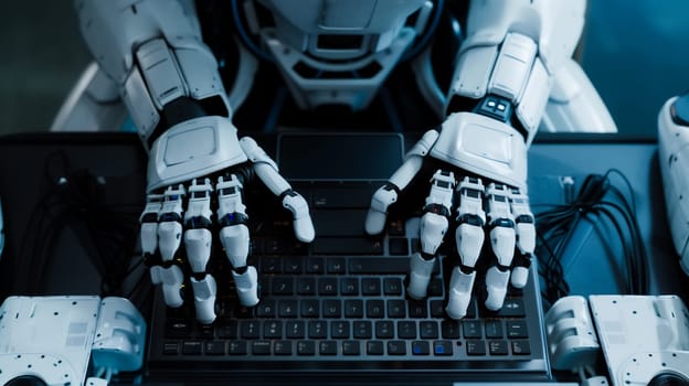 Robot hands using laptop computer typing top angle view artificial intelligence digital futuristic technology concept flat horizontal.