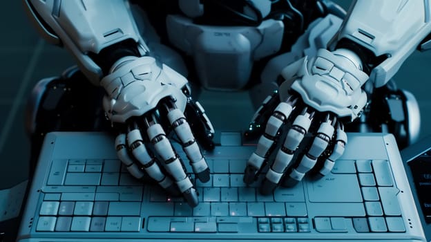 Robot hands using laptop computer typing top angle view artificial intelligence digital futuristic technology concept flat horizontal.