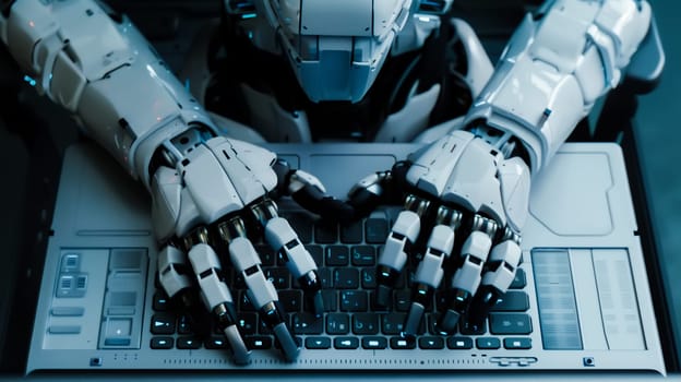 Robot hands using laptop computer typing top angle view artificial intelligence digital futuristic technology concept flat horizontal.