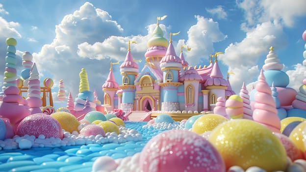 A colorful, whimsical castle with a pink and yellow roof. The castle is surrounded by a river and has a lot of candy-like decorations