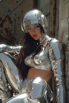 A woman in a futuristic costume is decked out in personal protective equipment, including a helmet, chest and abdomen armor, thigh and breastplate, a belt, and headphones