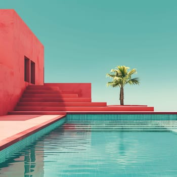 A rectangular swimming pool with azure water, a red building, and a palm tree in the background, creating a leisurely and tropical atmosphere
