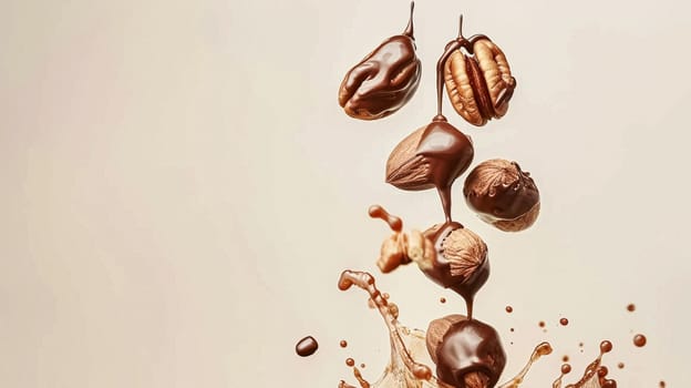 Nuts and chocolate splash, food dessert and confectionery industry