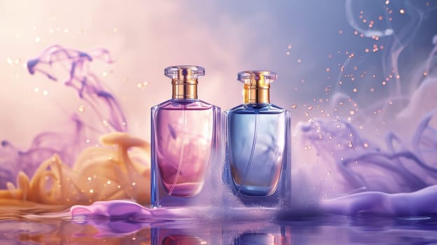 Two bottles of cologne are displayed on a table, one of which is blue and the other is orange. The bottles are placed next to each other, creating a sense of contrast and harmony