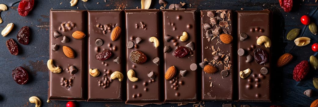 A chocolate bar with nuts and dried cherries, showcasing rich textures and natural ingredients.