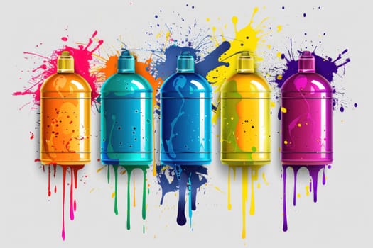 Artistic paint spray cans displayed on gray background with colorful splatters and paint stains