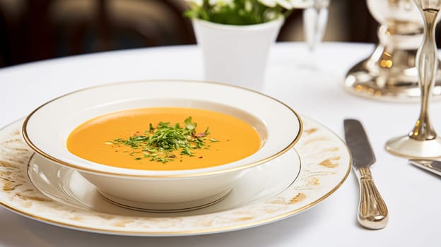 Vegetable soup in a restaurant, English countryside exquisite cuisine menu, culinary art food and fine dining experience