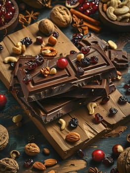 A table filled with a diverse array of food items including chocolate bars, nuts, and dried fruits.