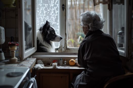 A black and white dog is sitting on a kitchen counter next to a sink. A woman is sitting at a table in the background