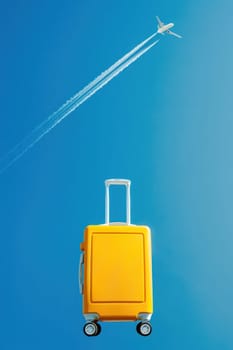 Adventure calls a travel suitcase and airplane soaring through the sky on a clear day