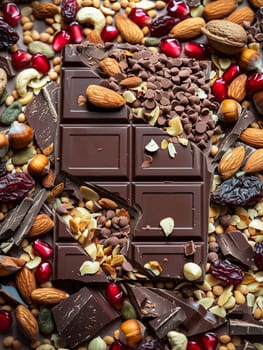 A detailed close-up view of a chocolate bar surrounded by an assortment of nuts, creating a rich and appetizing composition.