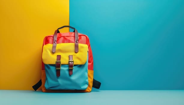 A colorful backpack with a yellow pocket sits on a blue and red background by AI generated image.