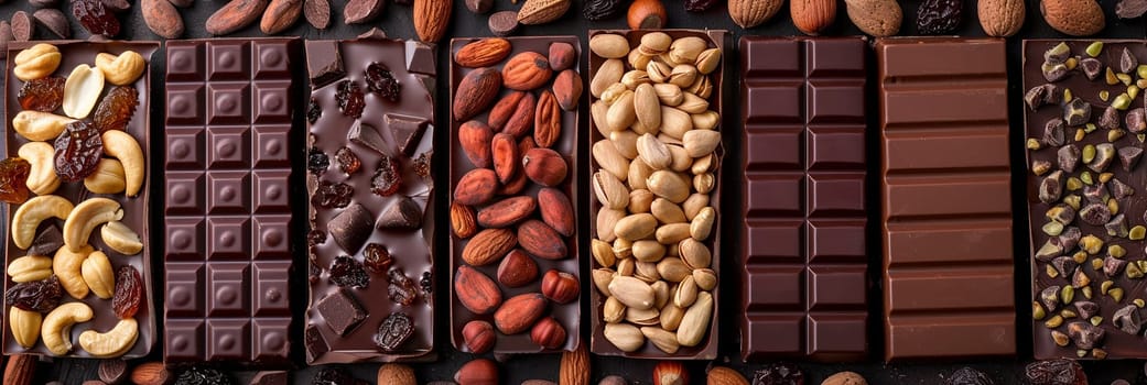 Assorted chocolate bars lined up with nuts on top, showcasing rich textures and natural ingredients.