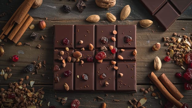 A close-up of a chocolate bar filled with nuts and cranberries, showcasing rich textures and natural ingredients.