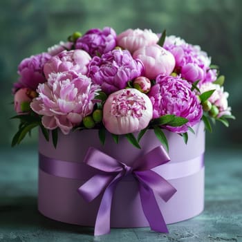 A purple box with a ribbon tied around it contains a bouquet of pink peonies. The flowers are arranged in a way that makes them look like they are in a vase