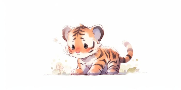 Cute kawaii baby tiger hand drawn watercolor illustration