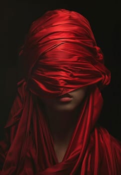 Mysterious woman wrapped in red fabric with eyes covered by scarf symbolizing beauty and fashion