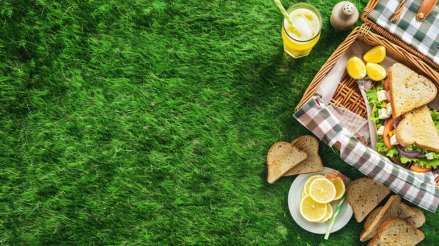 A green picnic basket filled with food items such as sandwiches, lemons, and juice placed on the grass. The ingredients are sourced from terrestrial plants and citrus fruits AIG50