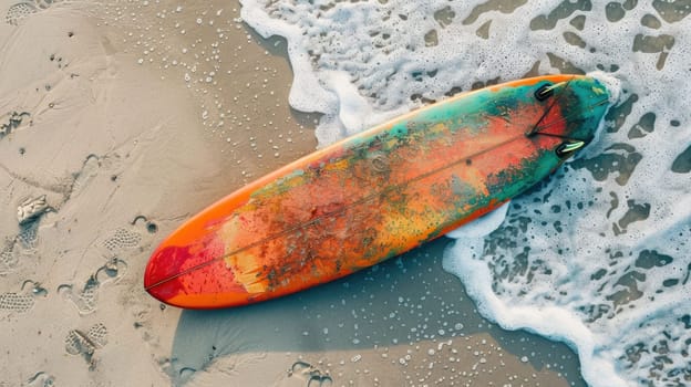 A surfboard rests on the beach as the sun sets, casting a golden glow over the water. The wind waves gently lap at the shore, creating a peaceful and serene natural landscape AIG50