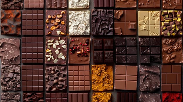 A collection of various chocolate bars with different colors, flavors, and types neatly arranged in high detail.