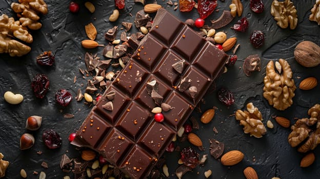 A chocolate bar surrounded by nuts and cranberries, showcasing rich textures and natural ingredients.