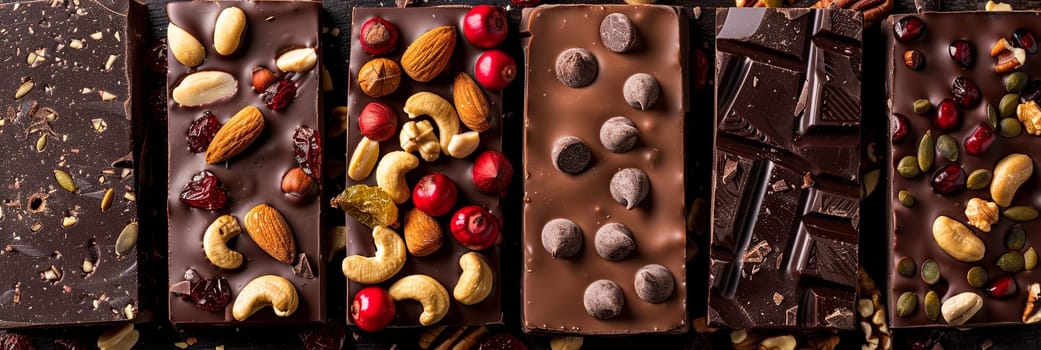 Several chocolate bars topped with an assortment of nuts and dried fruits, creating a rich and appetizing display.