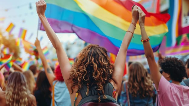 Diverse group of people enjoying gay pride day festival outdoors.