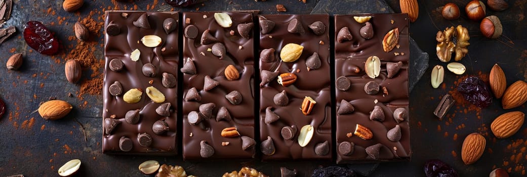 Detailed close-up of a chocolate bar covered in nuts and cranberries, showcasing rich textures and natural ingredients.