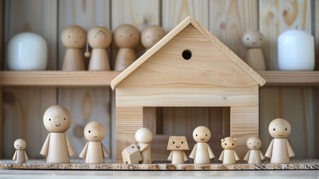 A group of wooden figurines are sitting on a wooden table next to a house. The figurines are smiling and appear to be a family. Concept of warmth and happiness