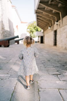 Little girl walks through the courtyard of an ancient castle towards the cannons standing against the wall. Back view. High quality photo