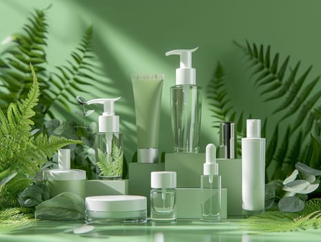 Mockup cosmetic product set. Green background and nature.