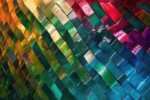 Artistic abstract digital image of rainbow color in pixel art texture. The squares are various sizes and bright colors, including red, blue, yellow, green, and orange. Gradient color concept. AIG42.