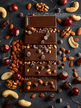 A decadent chocolate bar topped with a variety of nuts, almonds, and cranberries, creating a delicious and visually appealing treat.