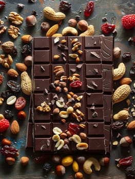 A chocolate bar adorned with an assortment of nuts, raspberries, and almonds creating a delectable and textured display.
