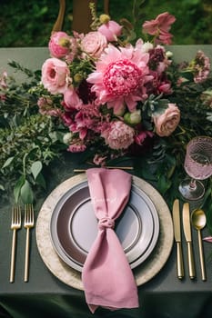 Holiday tablescape, formal dinner table setting, pink peony table scape with peonies decoration for wedding party and event celebration, post-processed, generative ai