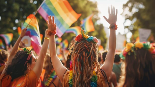 Diverse group of people enjoying gay pride day festival outdoors.